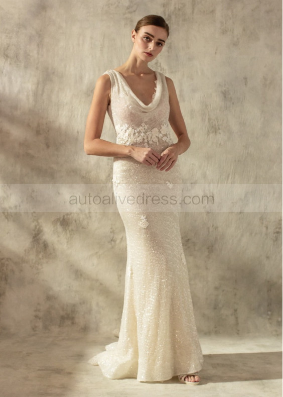 Draped Neck Ivory Sparkly Sequin Lace Trim Wedding Dress